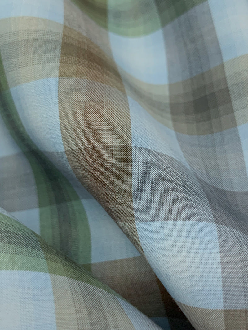 Light Steel Blue/Rifle Green/Dark Gingerbread 100% Cotton Yarn-Dyed Plaid Lawn Shirting - NY Designer - 60W