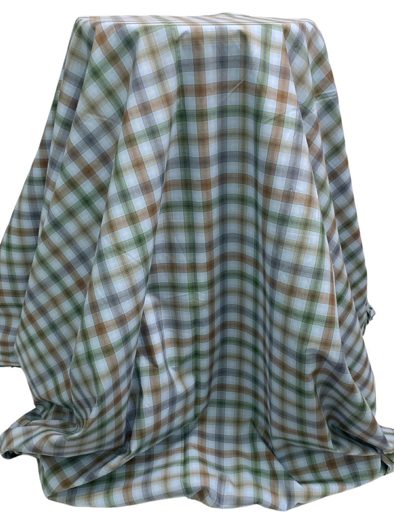 Light Steel Blue/Rifle Green/Dark Gingerbread 100% Cotton Yarn-Dyed Plaid Lawn Shirting - NY Designer - 60W