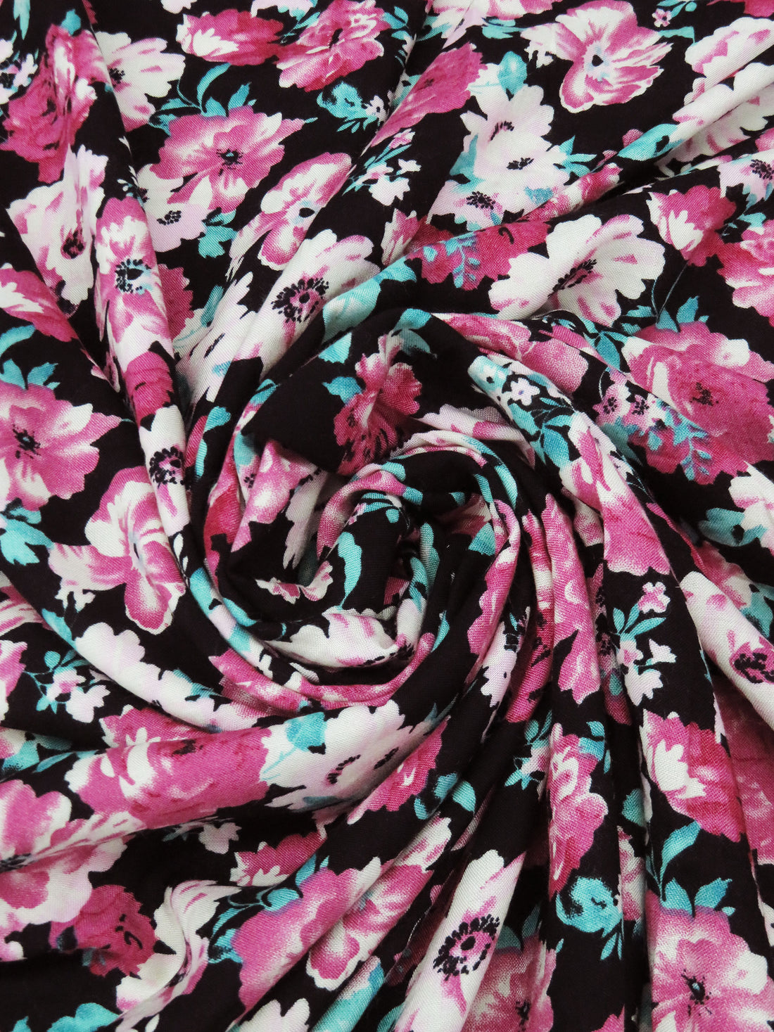 Punch Pink/Black/Caribbean Green/Ballet Pink 100% Rayon Floral Print Challis 56W