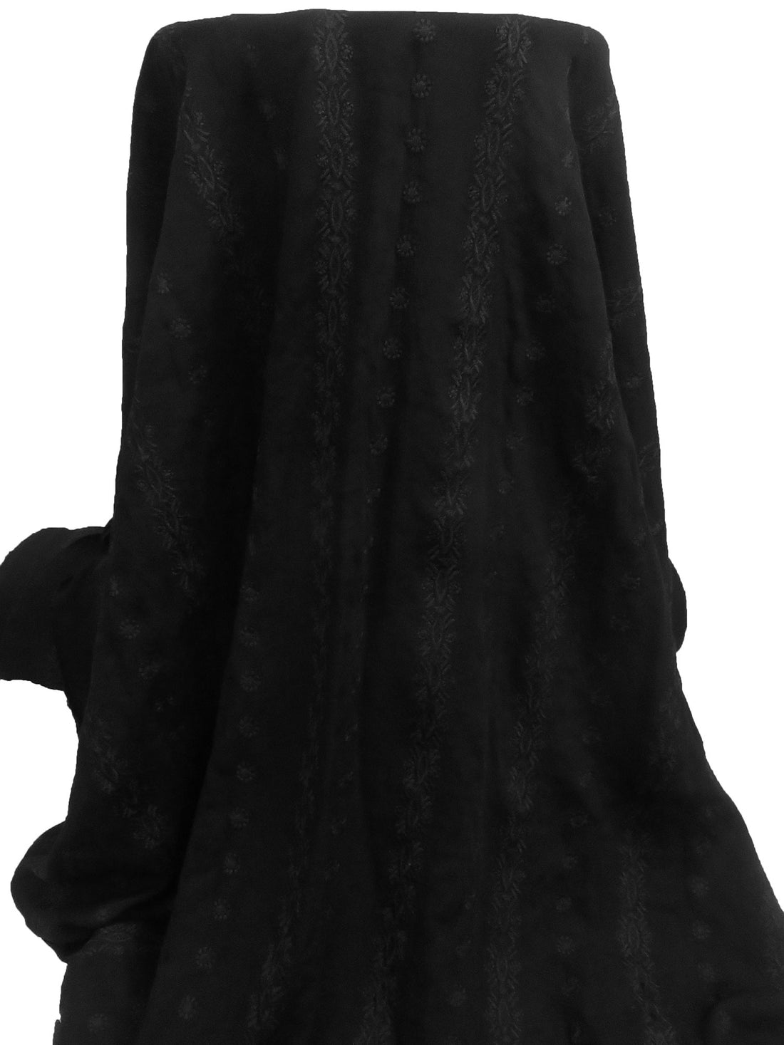 Black 100% Rayon Embroidered Vertical Stripe Floral Crinkle Challis 58W