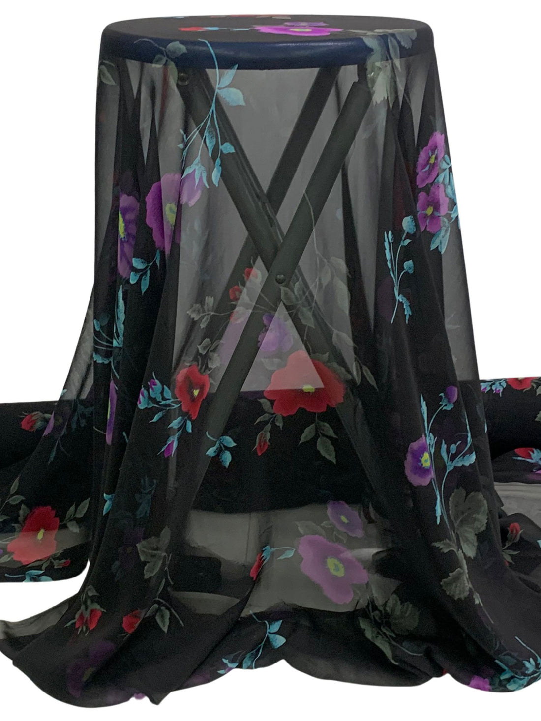Black/Cranberry/Plum/Multi 100% Silk Floral Print Chiffon - Imported From Italy - 54W