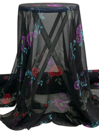 Black/Cranberry/Plum/Multi 100% Silk Floral Print Chiffon - Imported From Italy - 54W
