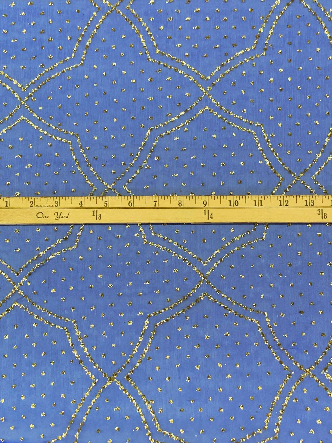 Royal Blue/Silver/Gold 100% Silk Glitter Dot & Lattice Chiffon - French Vintage - 43W