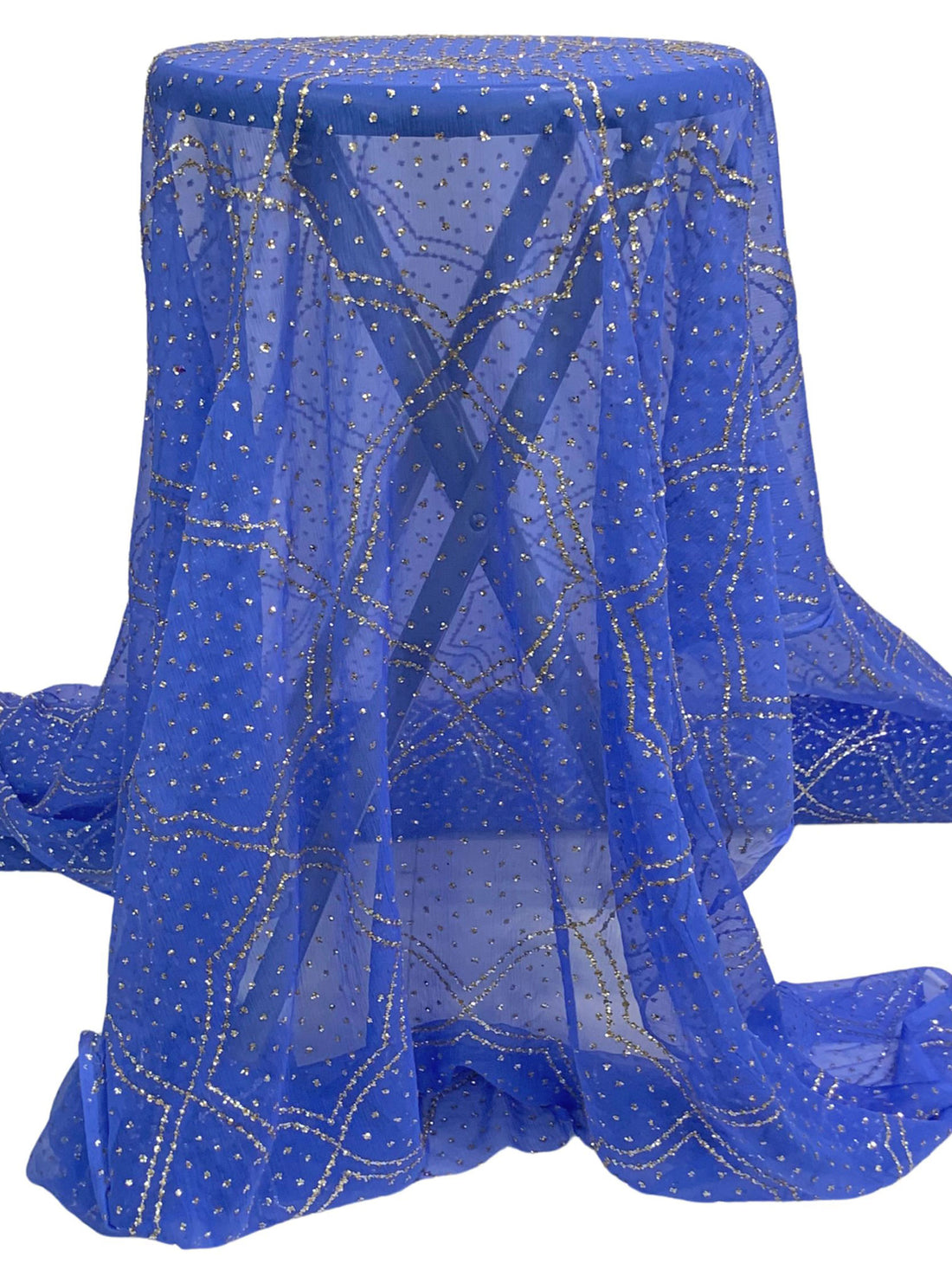 Royal Blue/Silver/Gold 100% Silk Glitter Dot & Lattice Chiffon - French Vintage - 43W