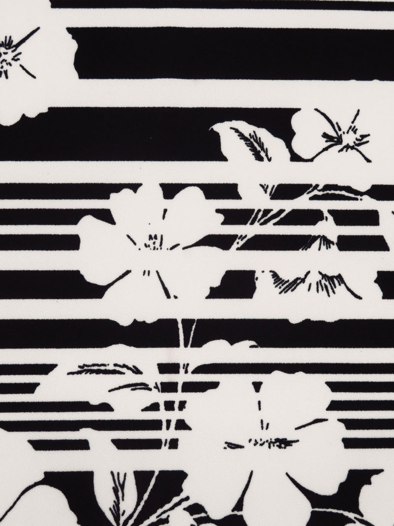 Black/Off-White Polyester/Lycra Floral On Horizontal Stripe Print Crepe Double Knit 58W