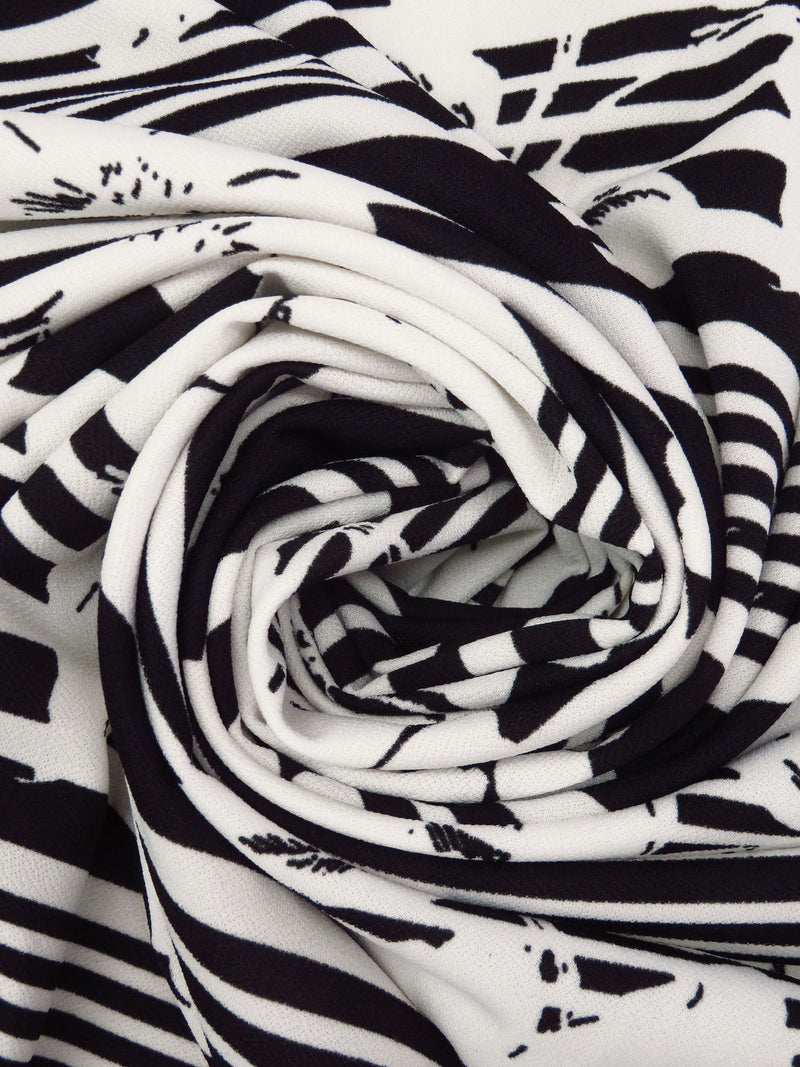 Black/Off-White Polyester/Lycra Floral On Horizontal Stripe Print Crepe Double Knit 58W