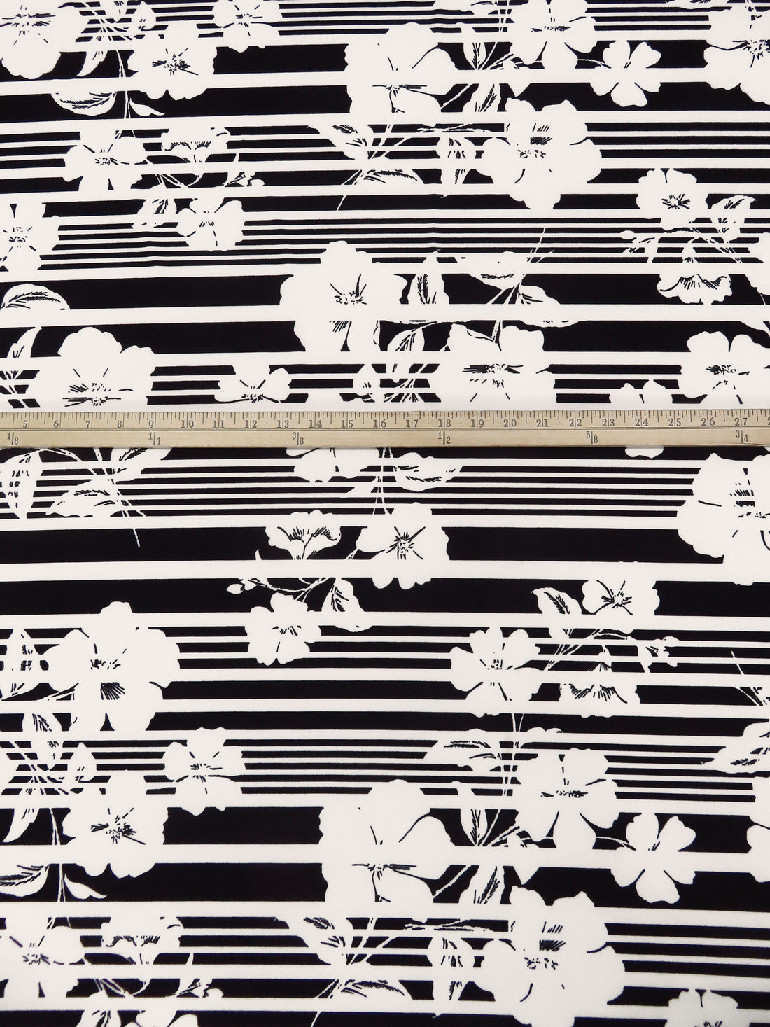 Black/Off-White Polyester/Lycra Floral On Horizontal Stripe Print Crepe Double Knit 58W