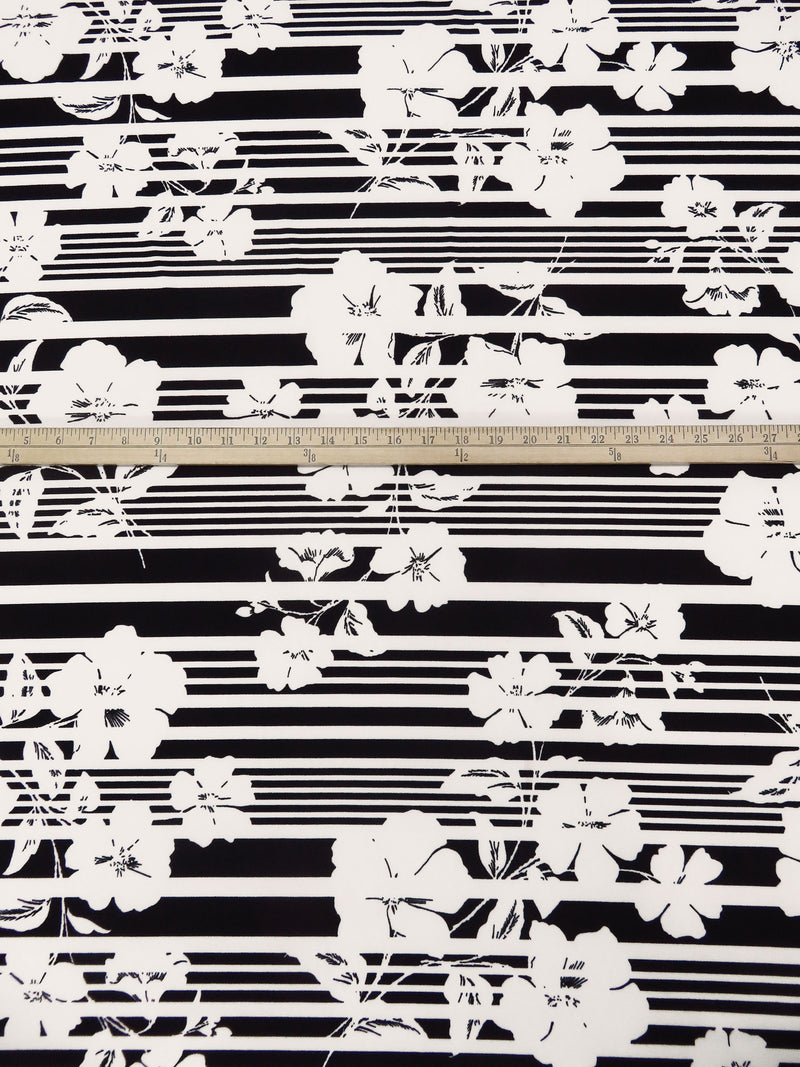 Black/Off-White Polyester/Lycra Floral On Horizontal Stripe Print Crepe Double Knit 58W