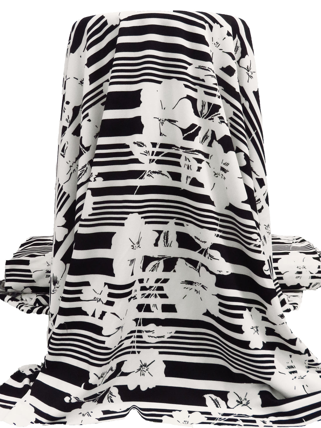 Black/Off-White Polyester/Lycra Floral On Horizontal Stripe Print Crepe Double Knit 58W