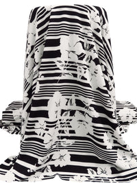 Black/Off-White Polyester/Lycra Floral On Horizontal Stripe Print Crepe Double Knit 58W