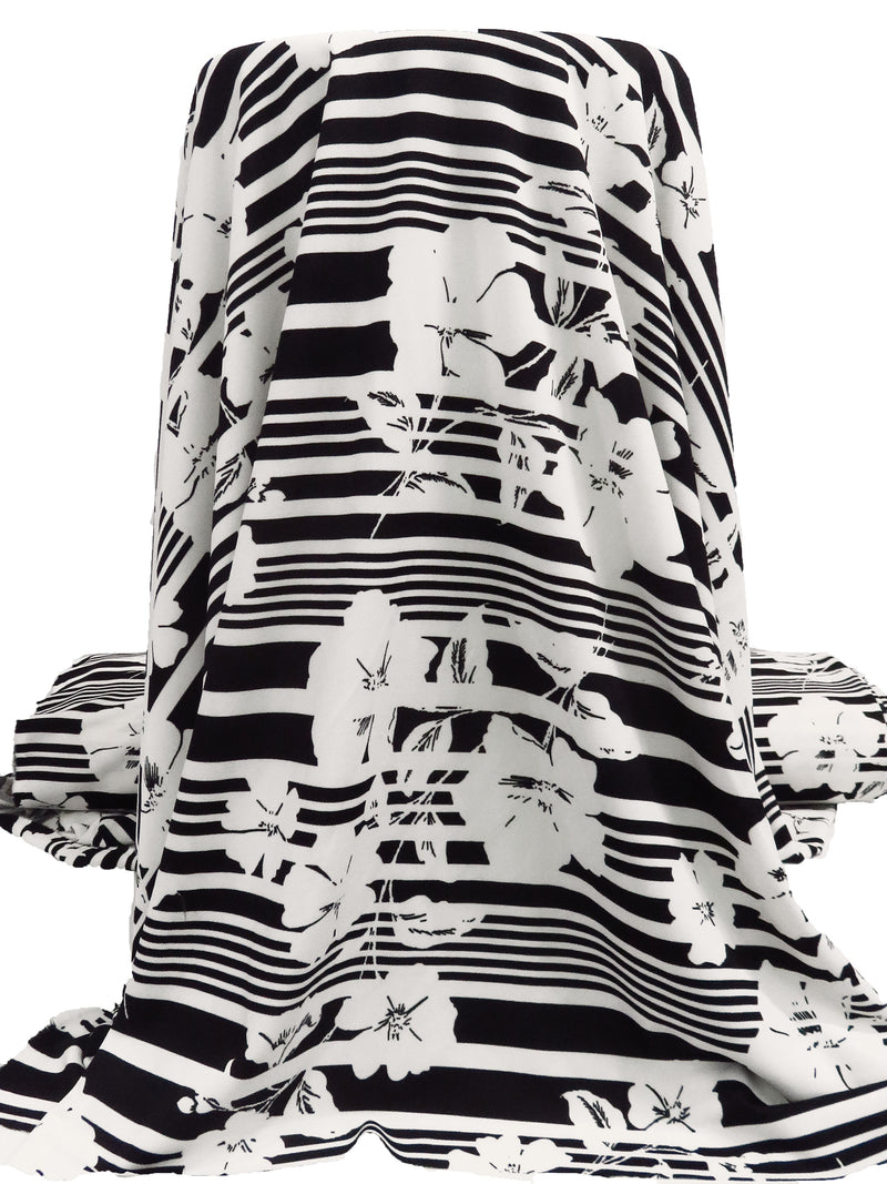 Black/Off-White Polyester/Lycra Floral On Horizontal Stripe Print Crepe Double Knit 58W