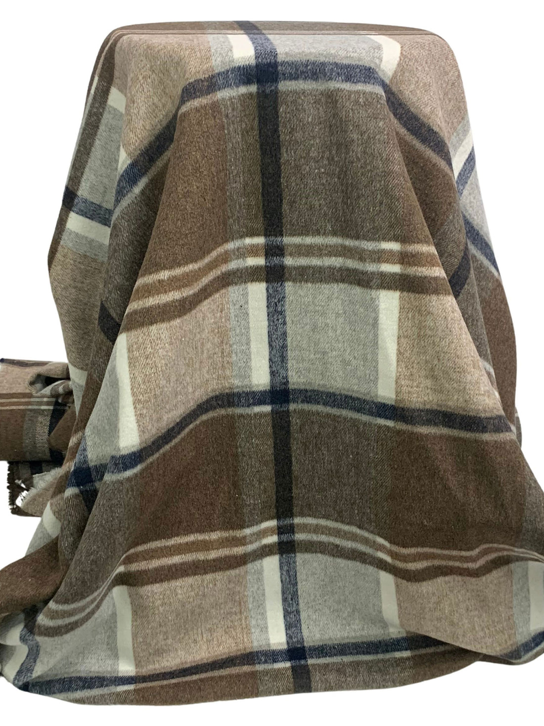 Umber Brown/Dark Navy/Off-White Polyester/Wool Plaid Flannel Coating - NY Designer - 60W