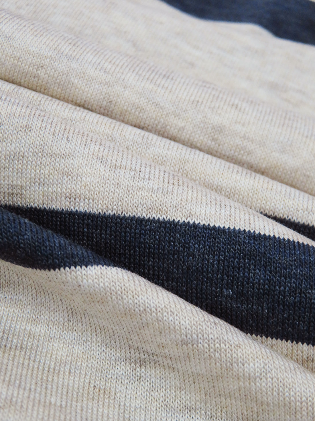 Heathered Accessible Beige/Space Blue Rayon/Lycra Horizontal Stripe Design Jersey Knit 62W