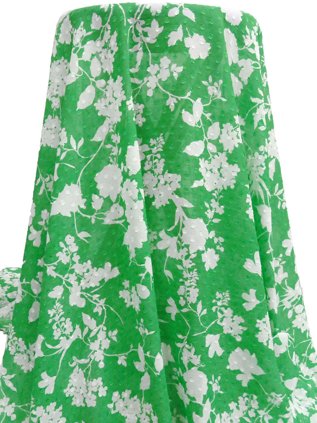 Grass Green/White 100% Polyester Floral Print On Eyelash Dot Chiffon 56W