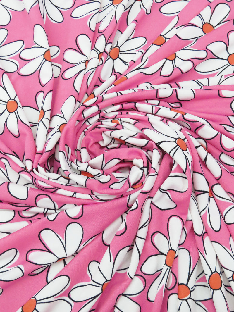 Carnation Pink/White/Orange Soda/Black Polyester/Lycra Daisy Print DTY Knit 58W