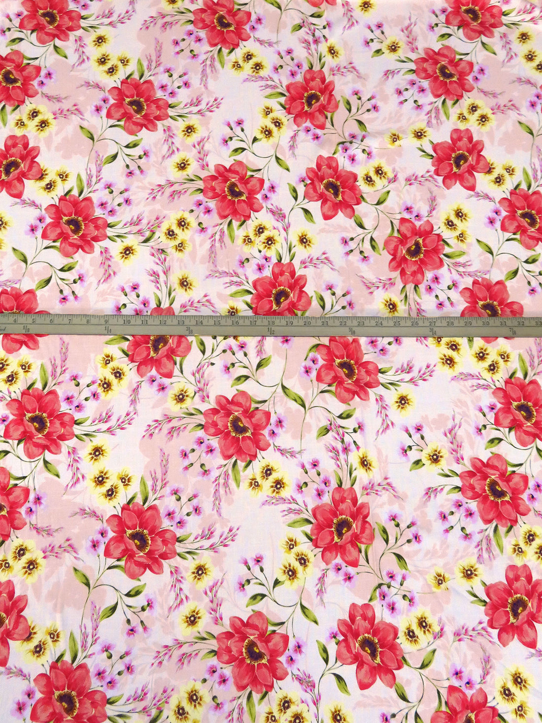 Pale Peach/Coral/Red/Multi Rayon/Lycra Garden Floral Print Stretch Linen-Look Woven 54W