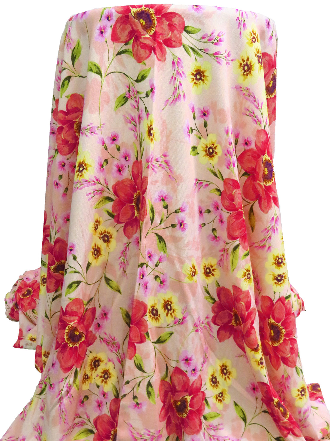 Pale Peach/Coral/Red/Multi Rayon/Lycra Garden Floral Print Stretch Linen-Look Woven 54W