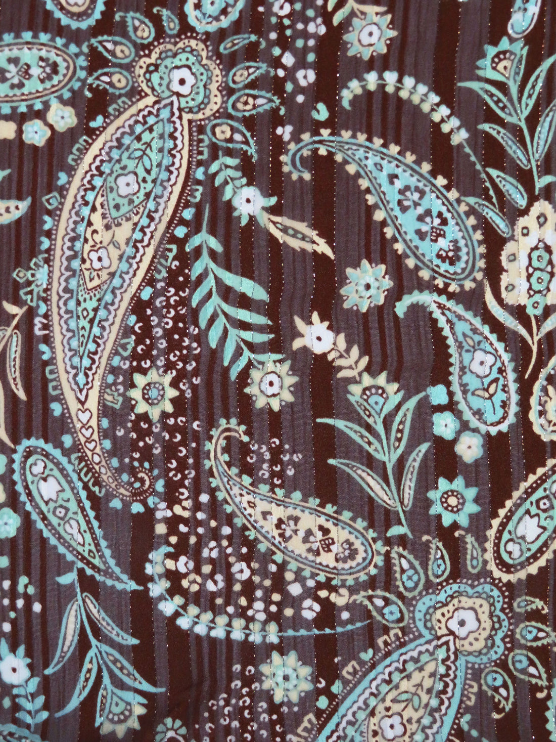 Chocolate/Light Mint/Peach Yellow/Multi Polyester/Metallic Paisley Print On Vertical Stripe Weave Satin Chiffon 56W