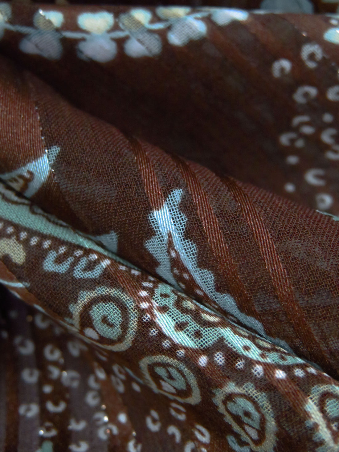 Chocolate/Light Mint/Peach Yellow/Multi Polyester/Metallic Paisley Print On Vertical Stripe Weave Satin Chiffon 56W