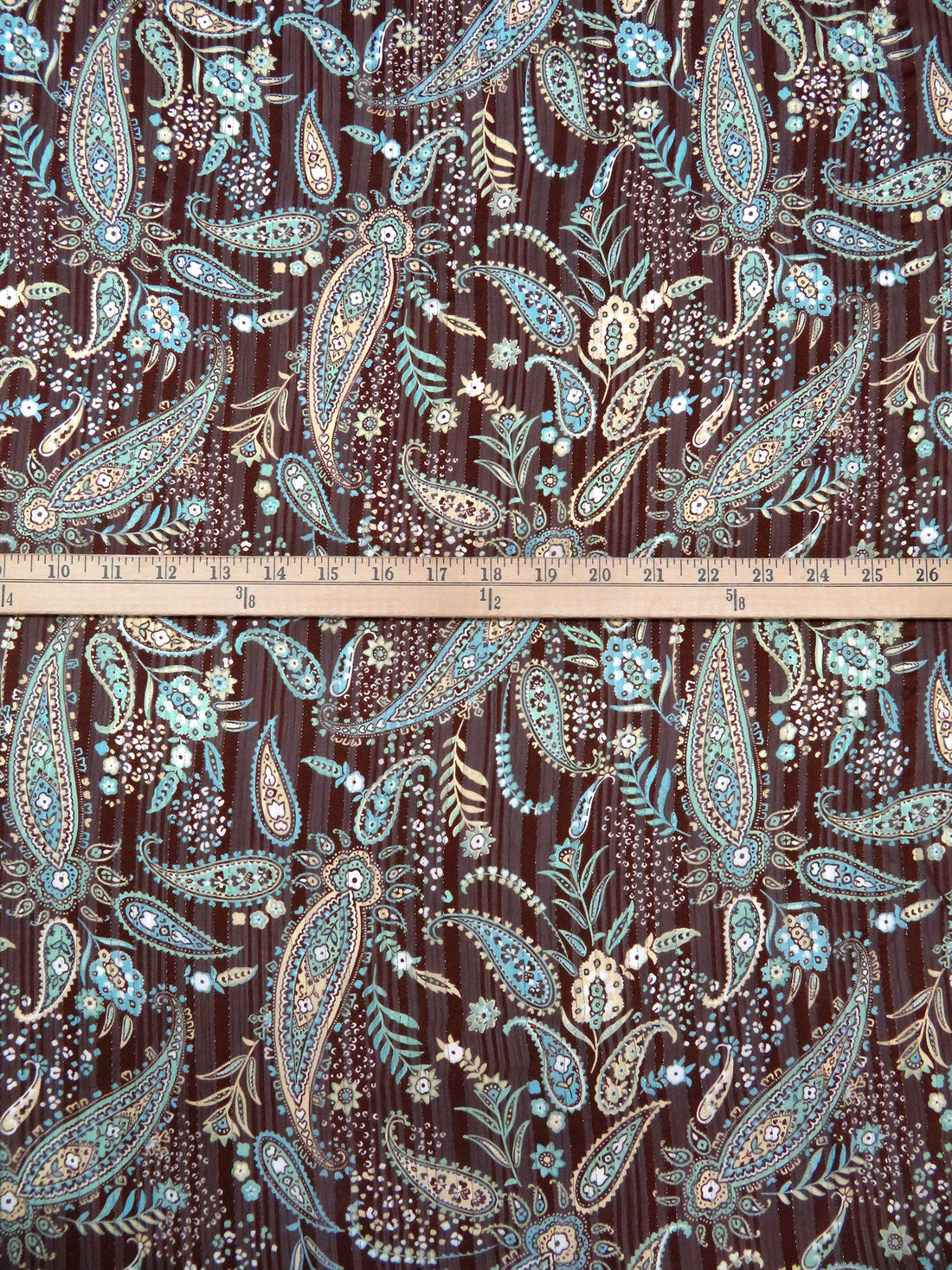 Chocolate/Light Mint/Peach Yellow/Multi Polyester/Metallic Paisley Print On Vertical Stripe Weave Satin Chiffon 56W