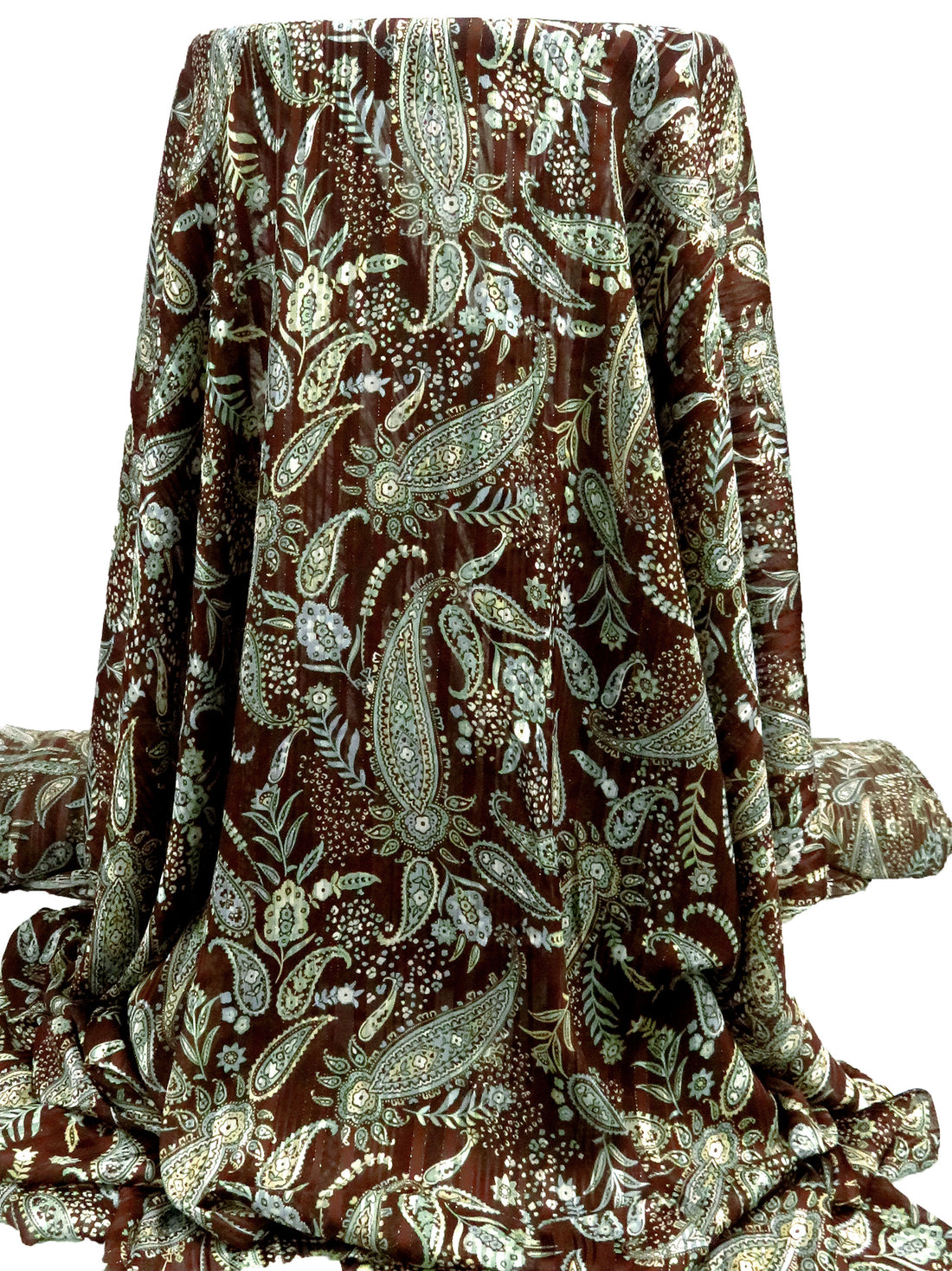 Chocolate/Light Mint/Peach Yellow/Multi Polyester/Metallic Paisley Print On Vertical Stripe Weave Satin Chiffon 56W
