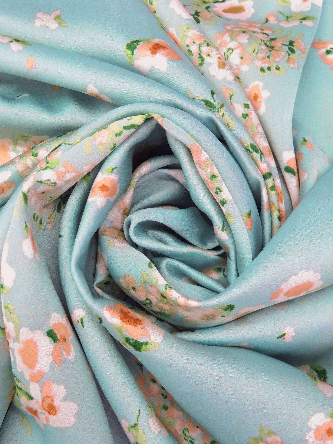 Light Blue/Deep Green/White/Multi Polyester/Lycra Floral Clusters Print Crepe-Back Stretch Charmeuse 58W