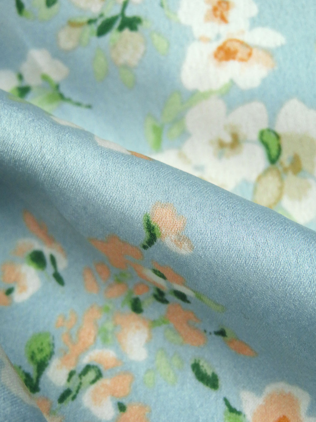 Light Blue/Deep Green/White/Multi Polyester/Lycra Floral Clusters Print Crepe-Back Stretch Charmeuse 58W