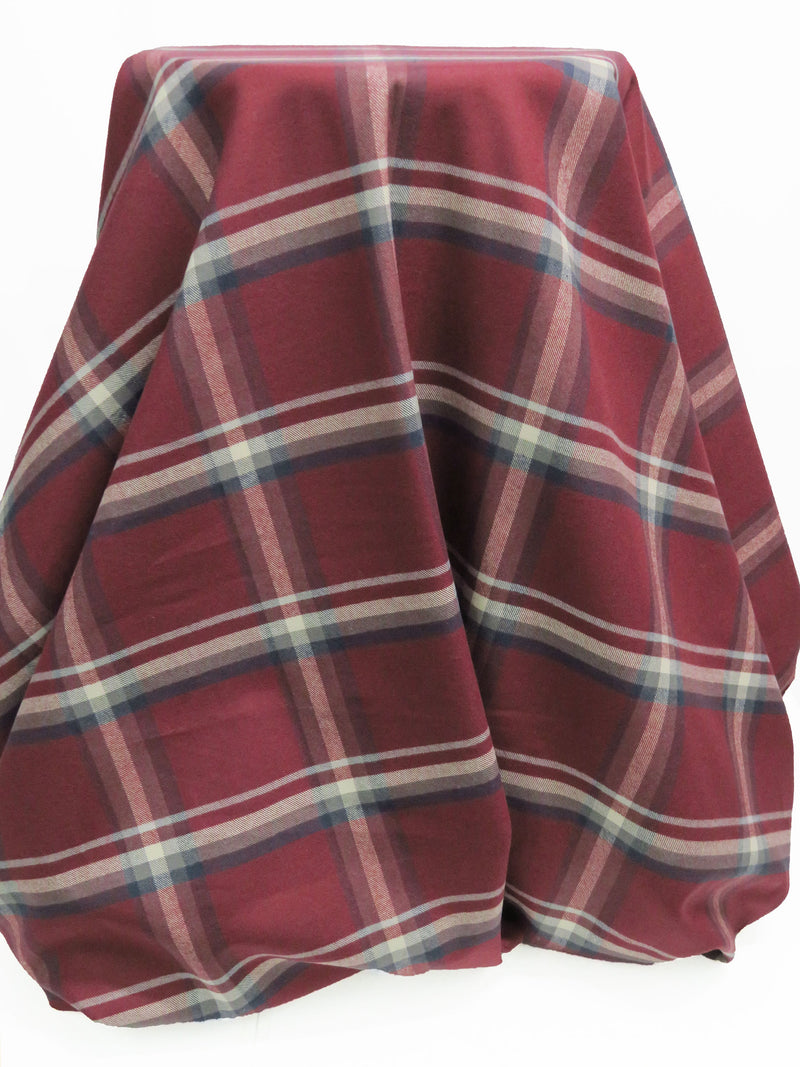 Cranberry/Slate Blue/Steel Gray/White 100% Cotton Yarn-Dyed Plaid Flannel - NY Designer - 58W