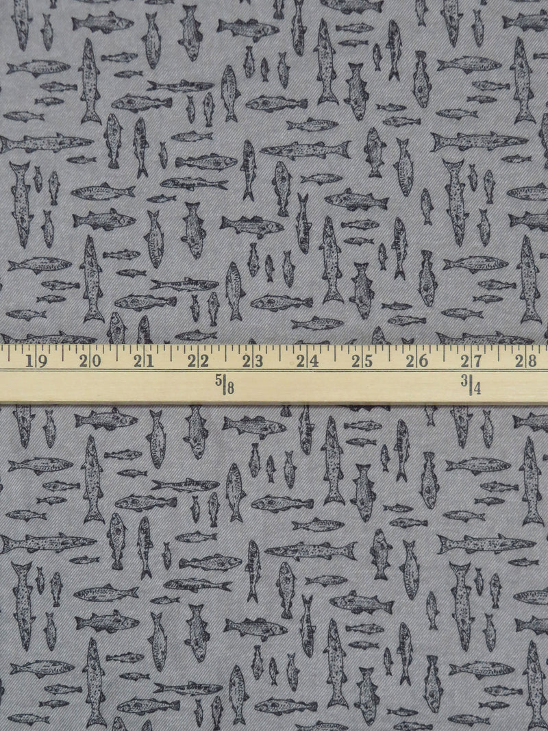 Pewter Gray/Muted Black/White 100% Cotton Fish Print Flannel Shirting - NY Designer - 54W