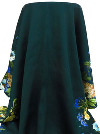 Midnight Jungle Green/Persian Blue/Pomelo/Multi 100% Rayon Double Border Garden Floral Print Satin - NY Designer - 53W