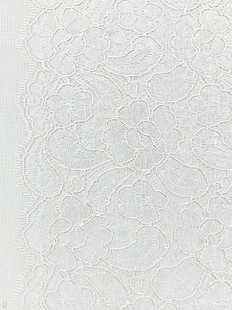 Icy White 100% Nylon Double Scalloped Border Floral Corded Lace 58W