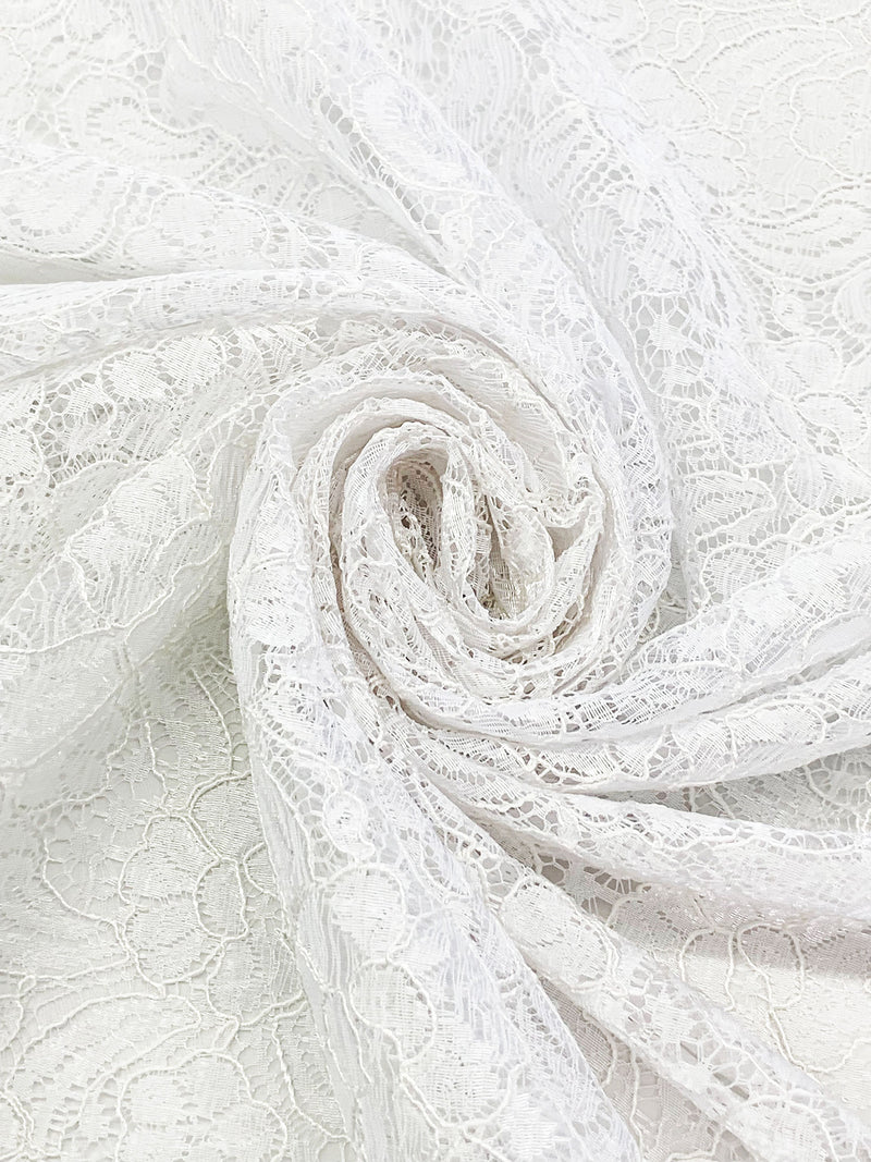Icy White 100% Nylon Double Scalloped Border Floral Corded Lace 58W