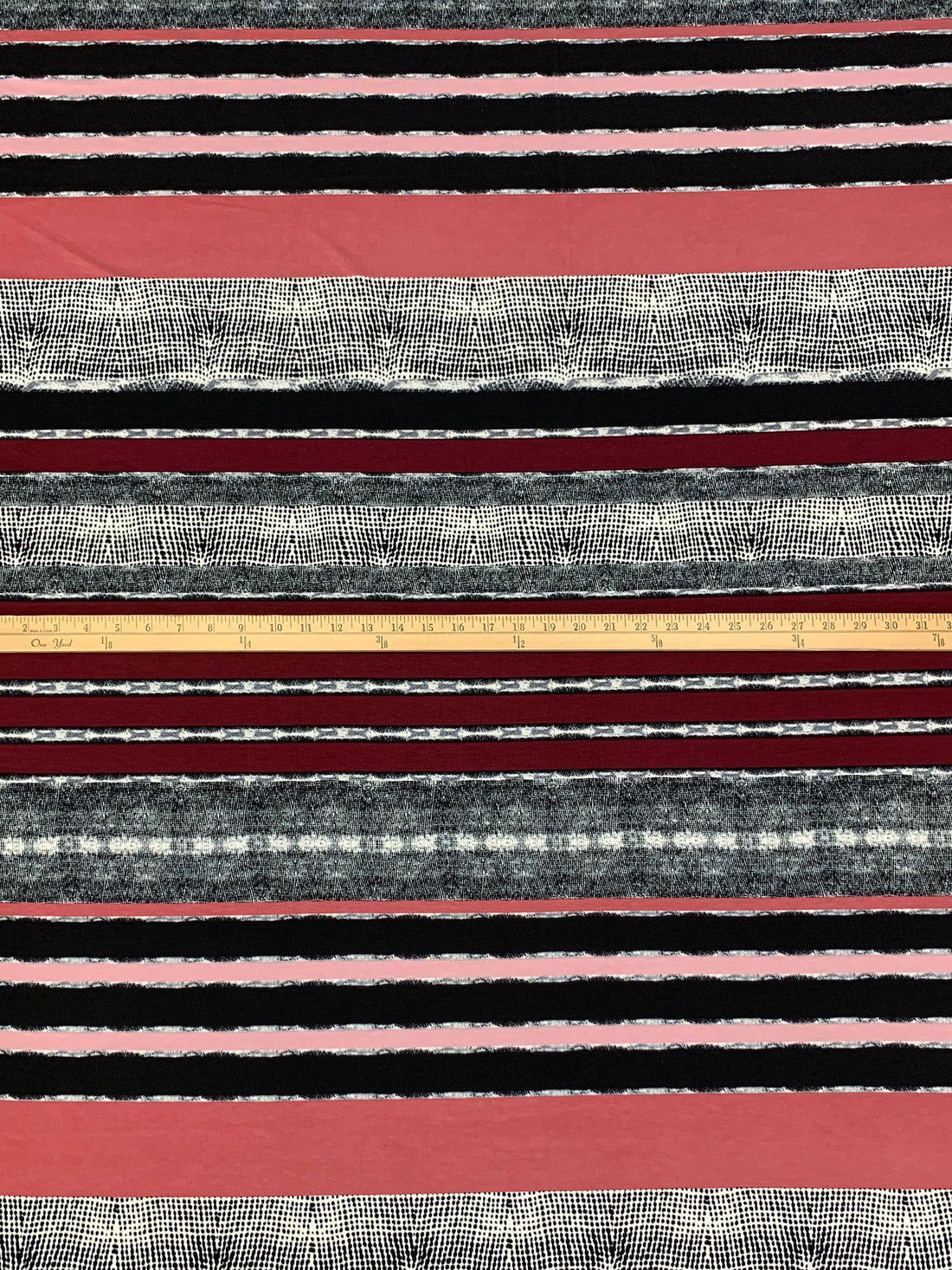 SOLD BY THE PANEL ONLY - Royal Garnet/Tender Rose/Black/Multi Rayon/Lycra Horizontal Abstract Stripe Print Jersey Knit 58W