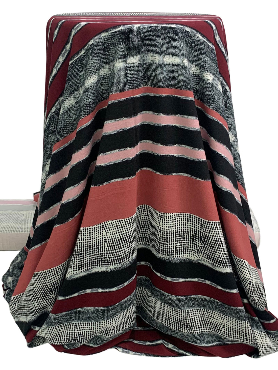 SOLD BY THE PANEL ONLY - Royal Garnet/Tender Rose/Black/Multi Rayon/Lycra Horizontal Abstract Stripe Print Jersey Knit 58W