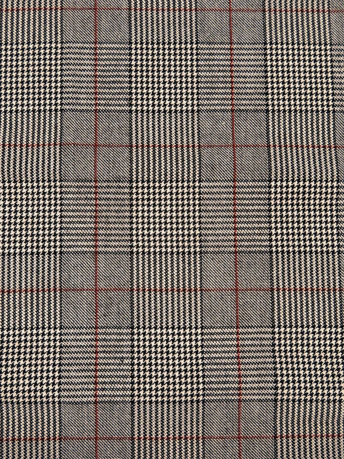 Black/Almond Beige/Dark Vermilion Polyester/Rayon/Lycra Plaid Weave Stretch Suiting 57W