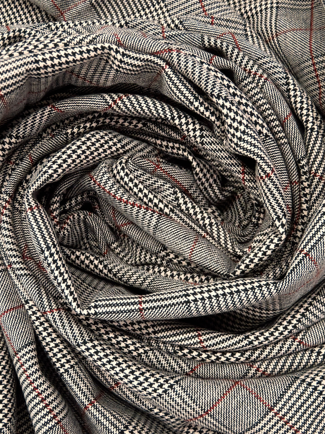 Black/Almond Beige/Dark Vermilion Polyester/Rayon/Lycra Plaid Weave Stretch Suiting 57W