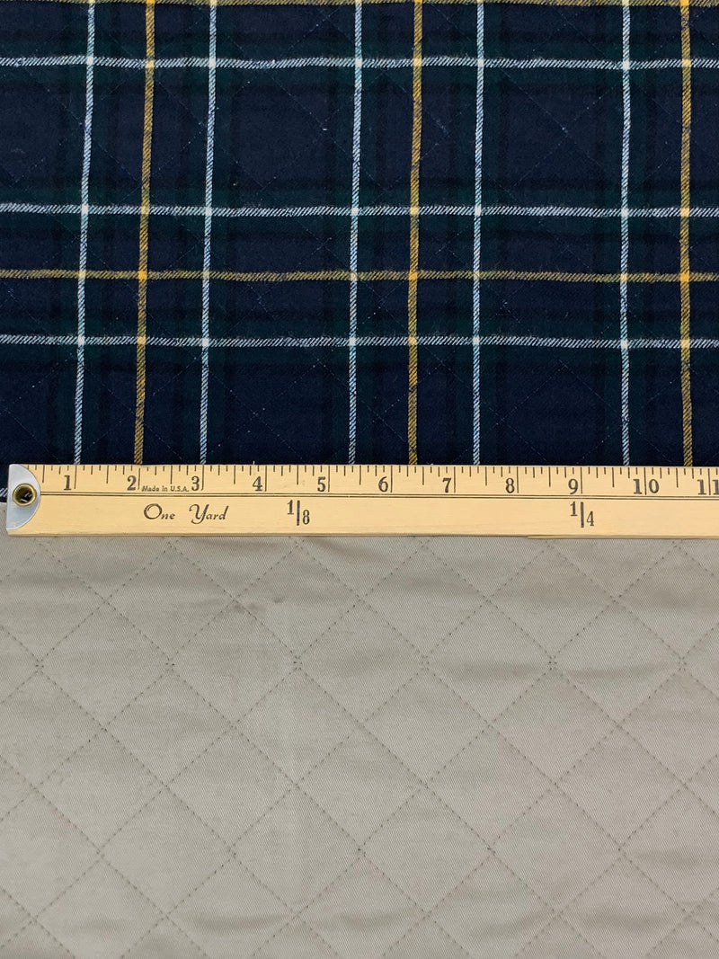 Navy/White/Yellow/Khaki Gray 100% Cotton Plaid Double-Faced Quilted Coating - NY Designer - 58W