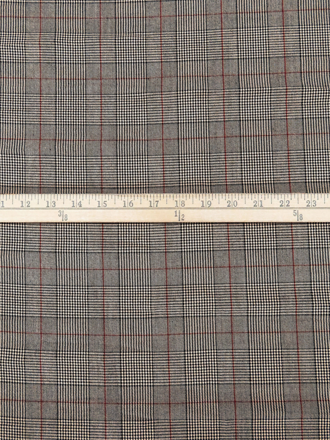 Black/Almond Beige/Dark Vermilion Polyester/Rayon/Lycra Plaid Weave Stretch Suiting 57W