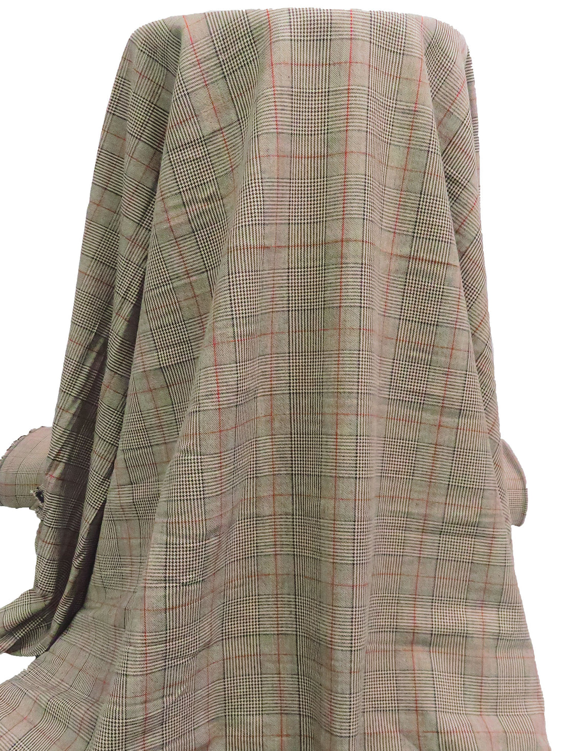 Black/Almond Beige/Dark Vermilion Polyester/Rayon/Lycra Plaid Weave Stretch Suiting 57W