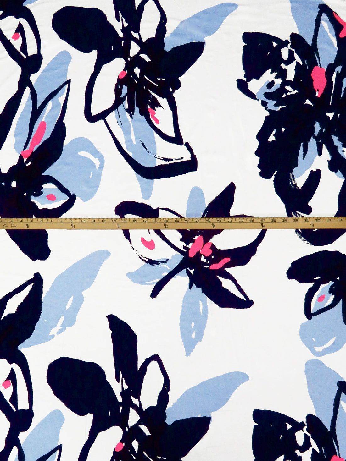 White/Dark Midnight Navy/Jordy Blue/Multi Rayon/Lycra Large Abstract Floral Print Jersey Knit 58W