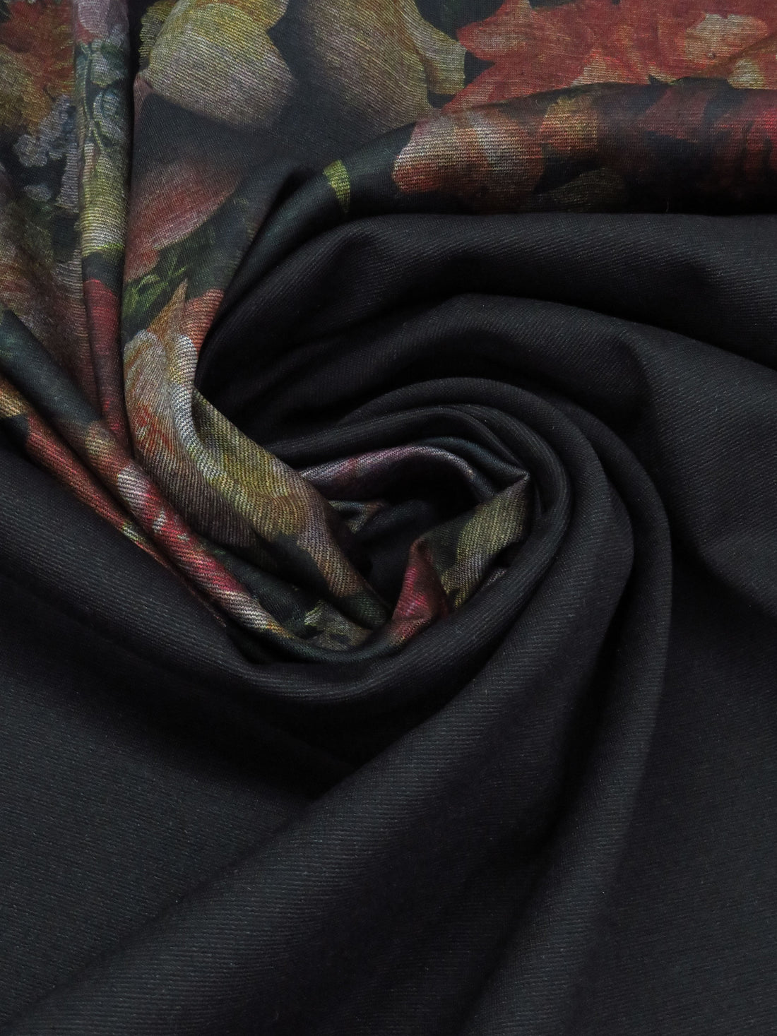 Coal Black/Ruby/Muted Burnt Orange/Multi Rayon/Nylon/Lycra Grunge Floral Print Double Faced Ponte Knit - NY Designer - 60W