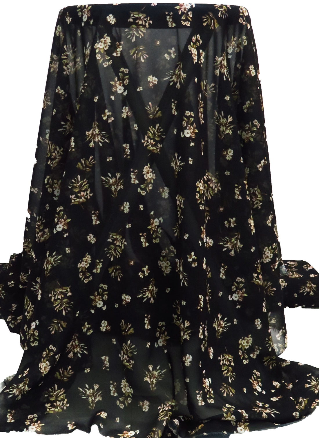 Black/Old Moss/White/Multi 100% Polyester Small Floral Print Chiffon - Imported From Italy - 58W