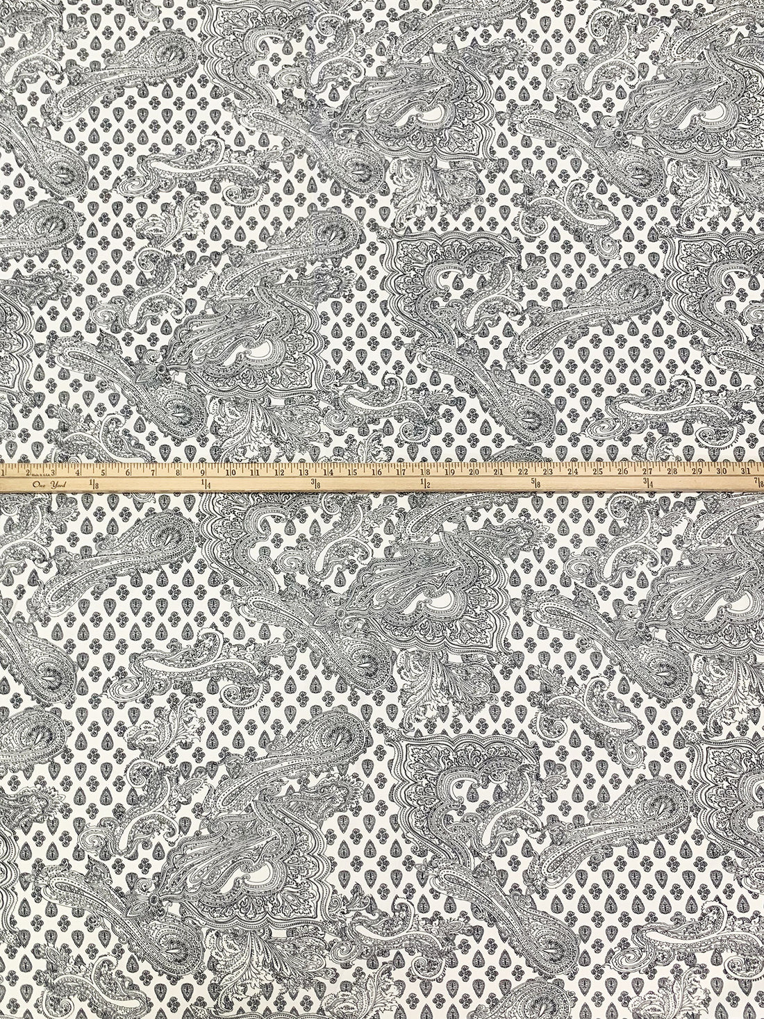 Off-White/Black Rayon/Nylon/Lycra Ornate Paisley Scrolls Print Stretch Bengaline Suiting - NY Designer - 58W