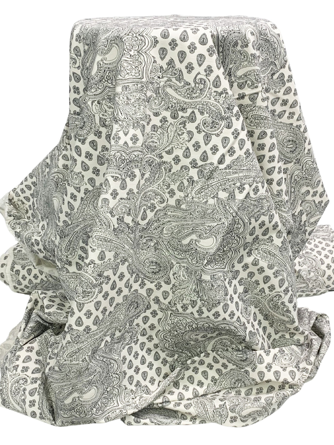 Off-White/Black Rayon/Nylon/Lycra Ornate Paisley Scrolls Print Stretch Bengaline Suiting - NY Designer - 58W