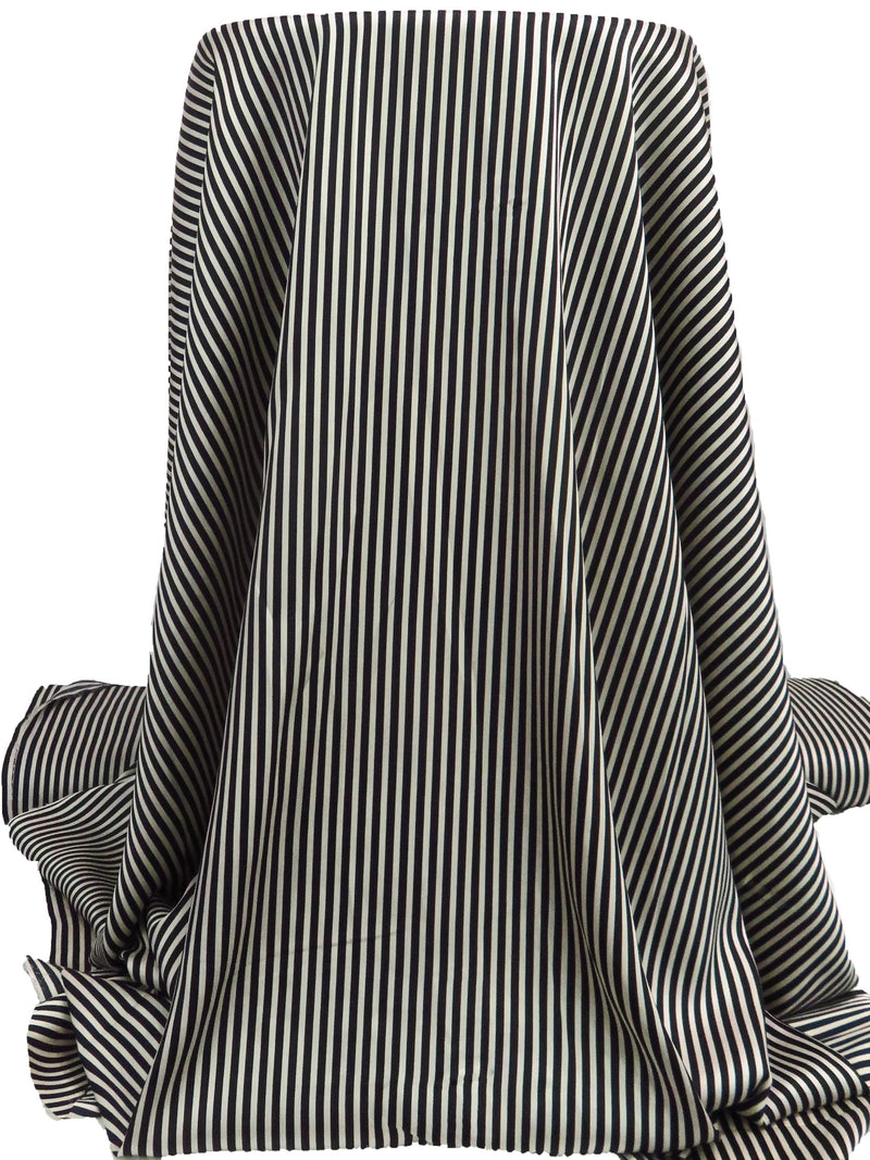 Muted Midnight Navy/Blanched Almond 100% Polyester Vertical Stripe Print Twill Blouse Weight Woven - Imported From Italy - 58W