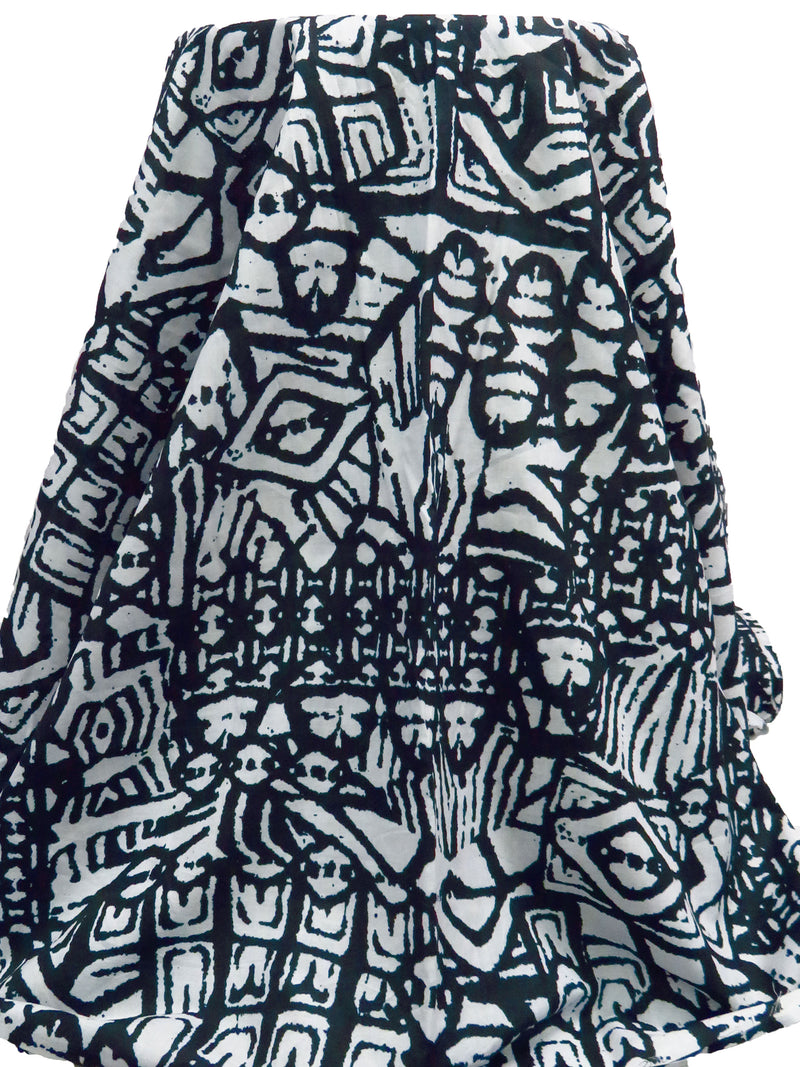 Dark Gunmetal/White 100% Cotton Tribal Print Voile - Imported From Italy - 58W
