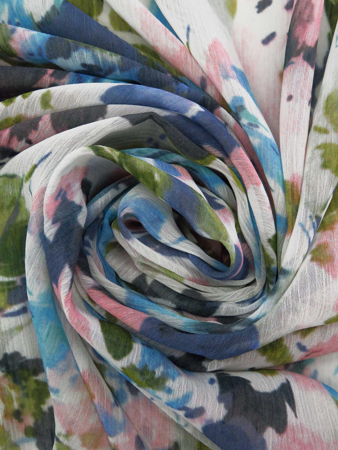 Sky Blue/Old Moss Green/White/Multi 100% Polyester Painterly Floral Print Crinkle Chiffon - Imported From Italy - 57W