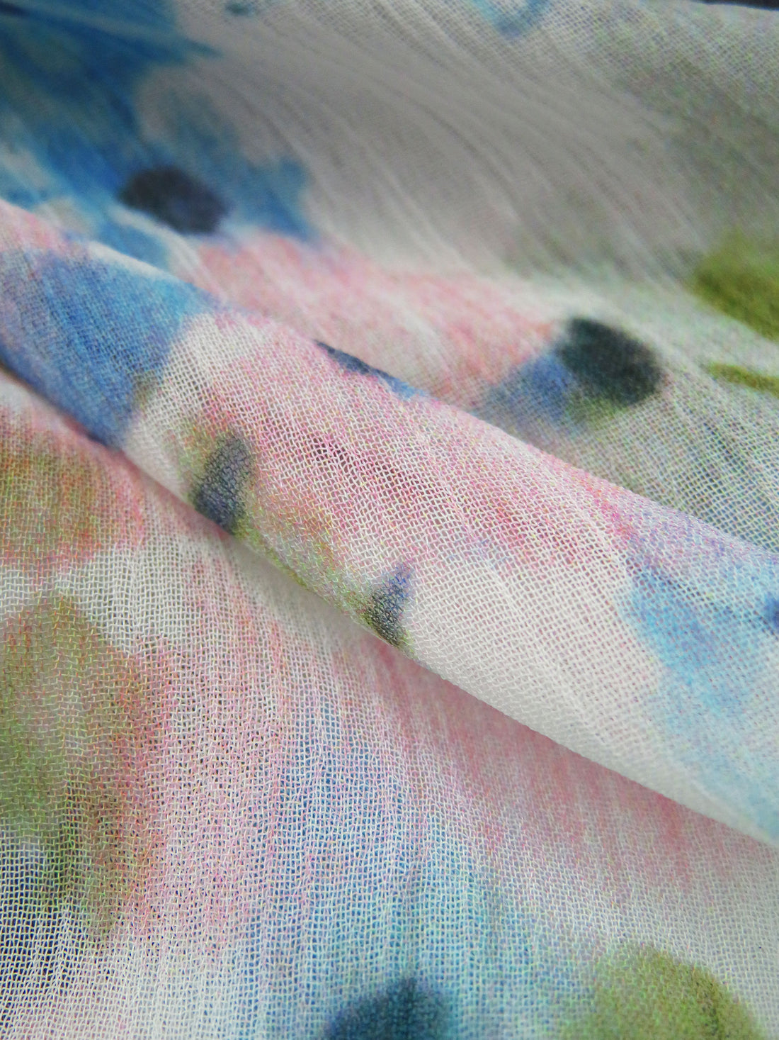 Sky Blue/Old Moss Green/White/Multi 100% Polyester Painterly Floral Print Crinkle Chiffon - Imported From Italy - 57W