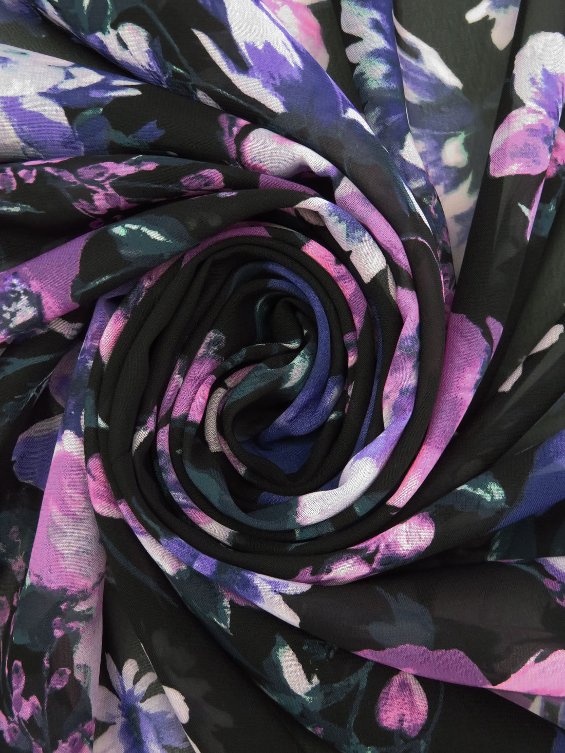 Plum/Royal Purple/Black/Multi 100% Polyester Floral Print Chiffon - Imported From Italy - 58W