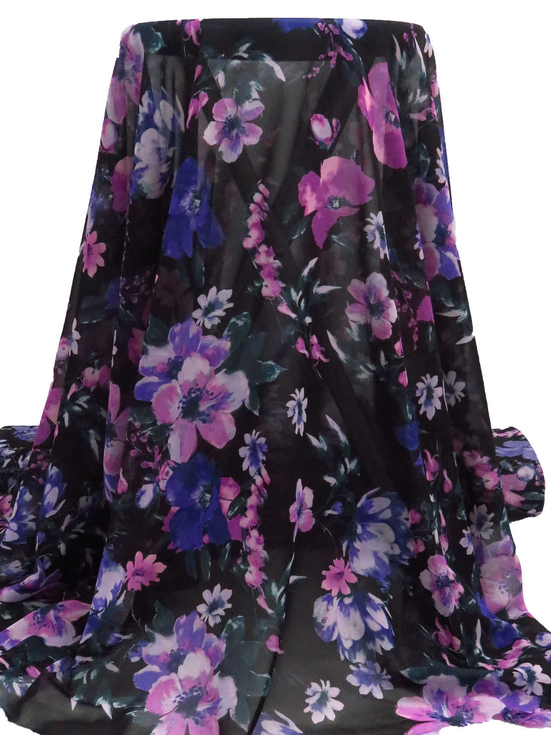 Plum/Royal Purple/Black/Multi 100% Polyester Floral Print Chiffon - Imported From Italy - 58W